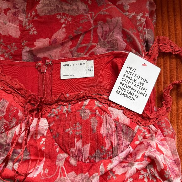 NWT ASOS Off The Shoulder Satin Corset Chiffon Ruched Midi Dress in Red - Picture 4 of 10